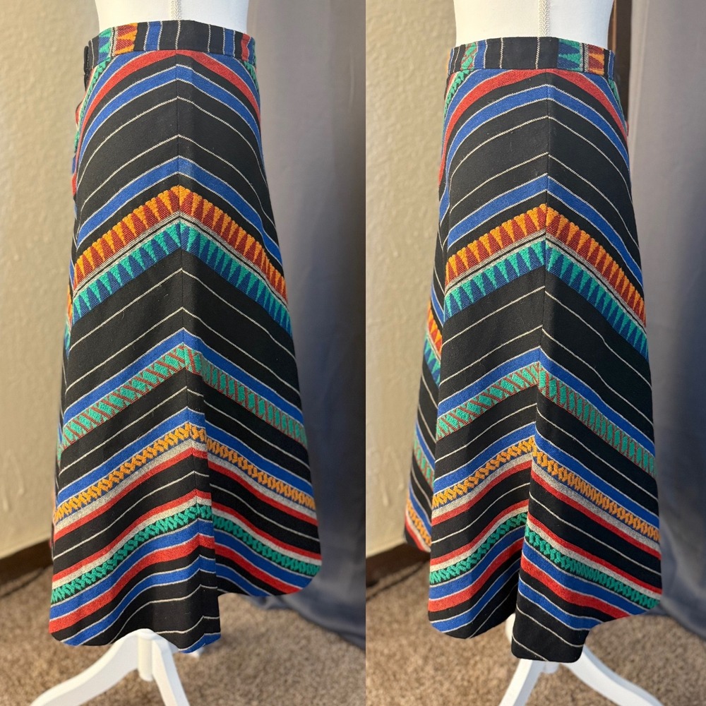 Vintage Southwestern Woven Chevron Stripe A-Line Midi Skirt Black Multi Sm/Md - Picture 2 of 13